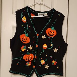 Basic Editions Vintage Black Halloween Fall Pumpkin Sweater Vest Size L
